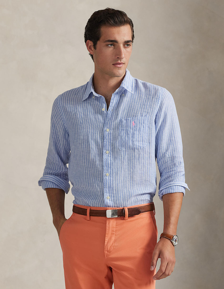 Camisa business casual Polo Rl de lino manga larga para hombre