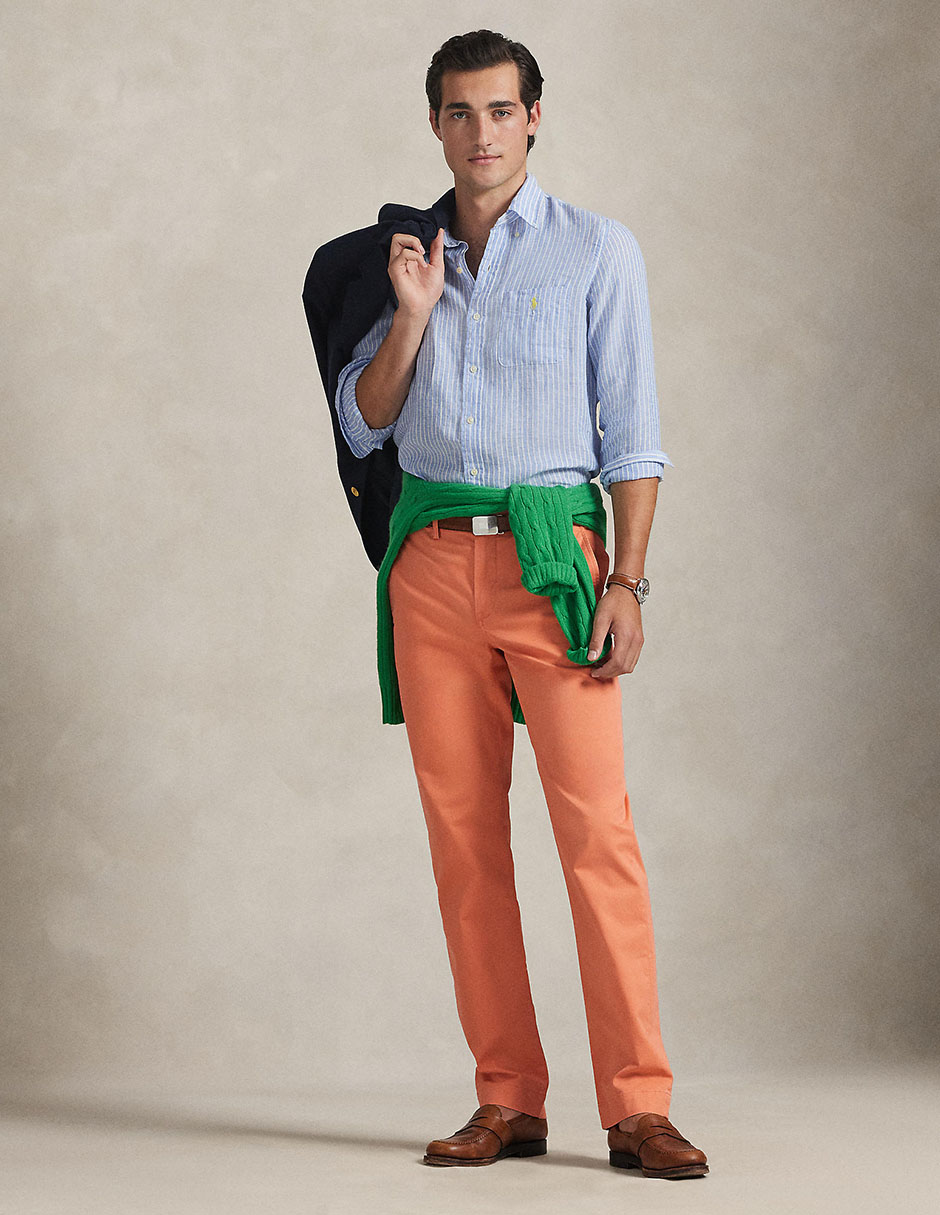 Camisa business casual Polo Rl de lino manga larga para hombre