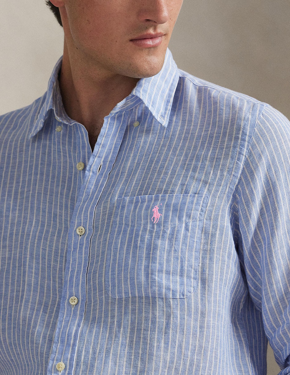 Camisa business casual Polo Rl de lino manga larga para hombre