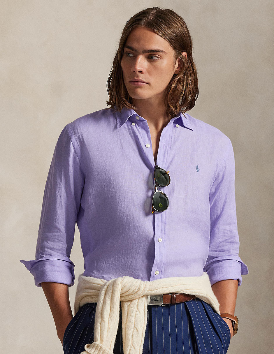Camisa business casual Polo Rl de lino manga larga para hombre