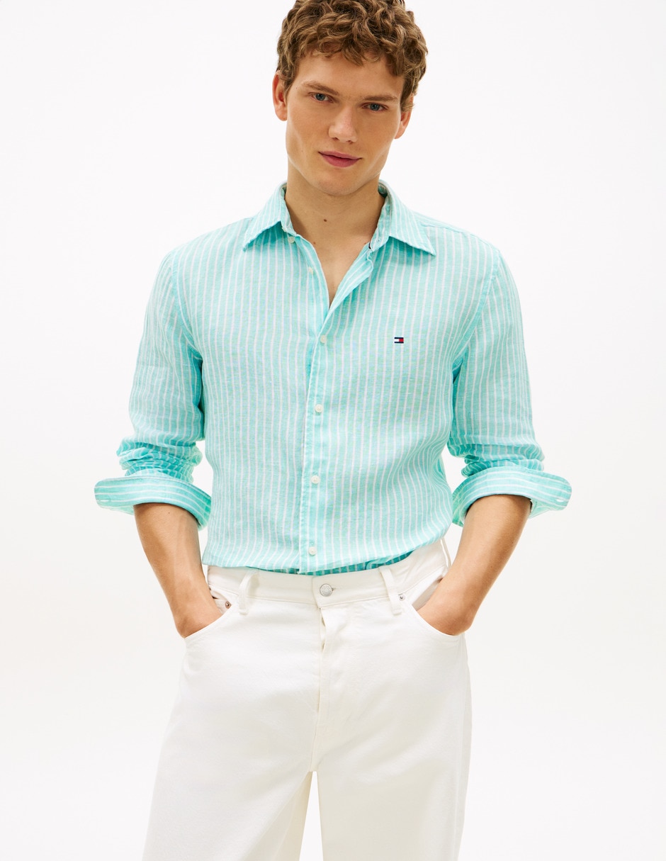 Camisa casual Tommy Hilfiger de lino manga larga para hombre