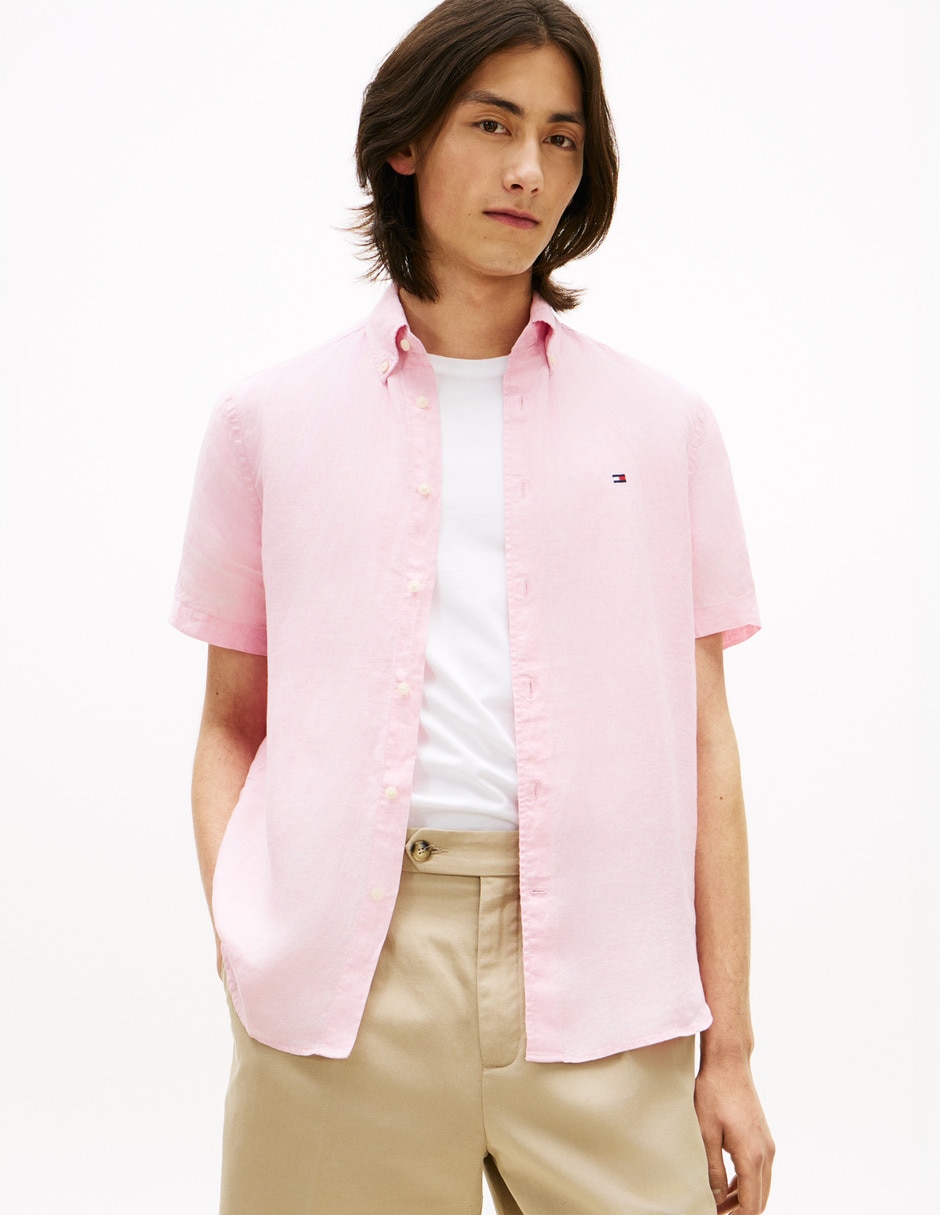 Camisa casual Hilfiger de lino manga corta para hombre 1