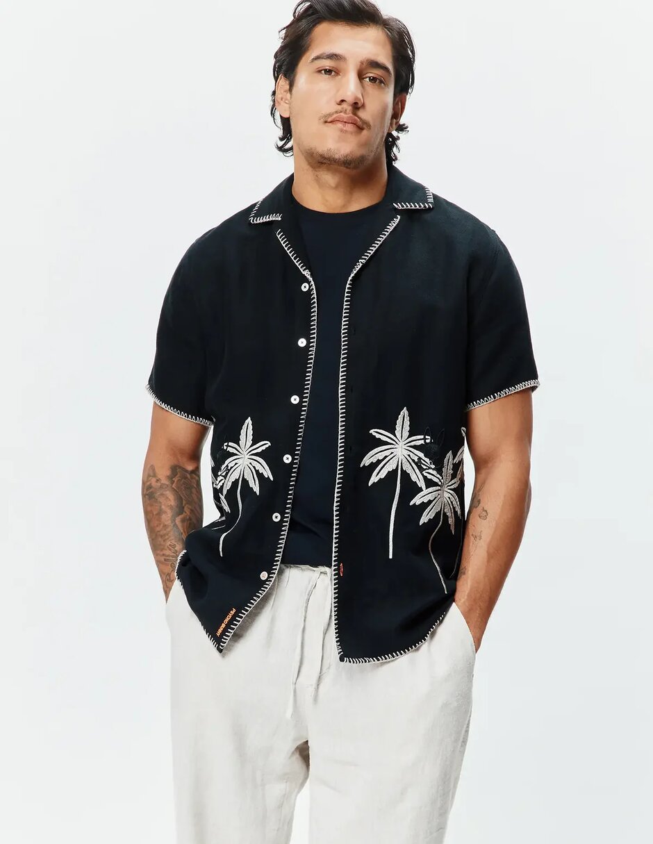Camisa casual de algodón y lino manga corta para hombre