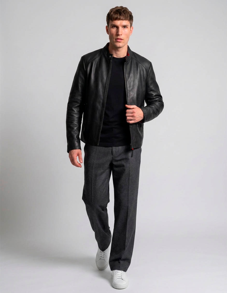 Chamarra casual de piel sin diseño para hombre Chamarra casual de piel sin diseño para hombre