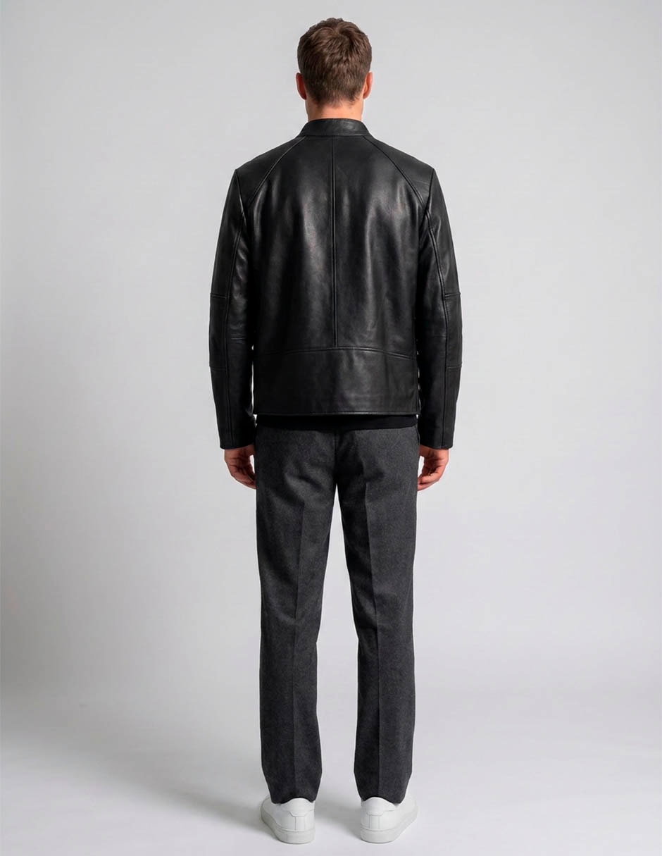 Chamarra casual de piel sin diseño para hombre 2