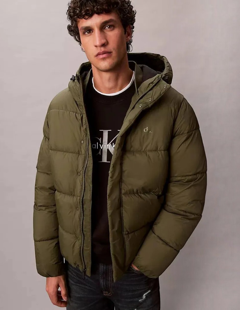 Chamarra acolchada puffer impermeable con capucha y bolsa para hombre