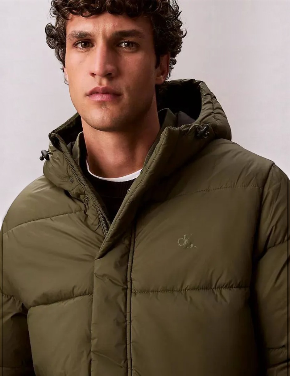 Chamarra acolchada puffer impermeable con capucha y bolsa para hombre