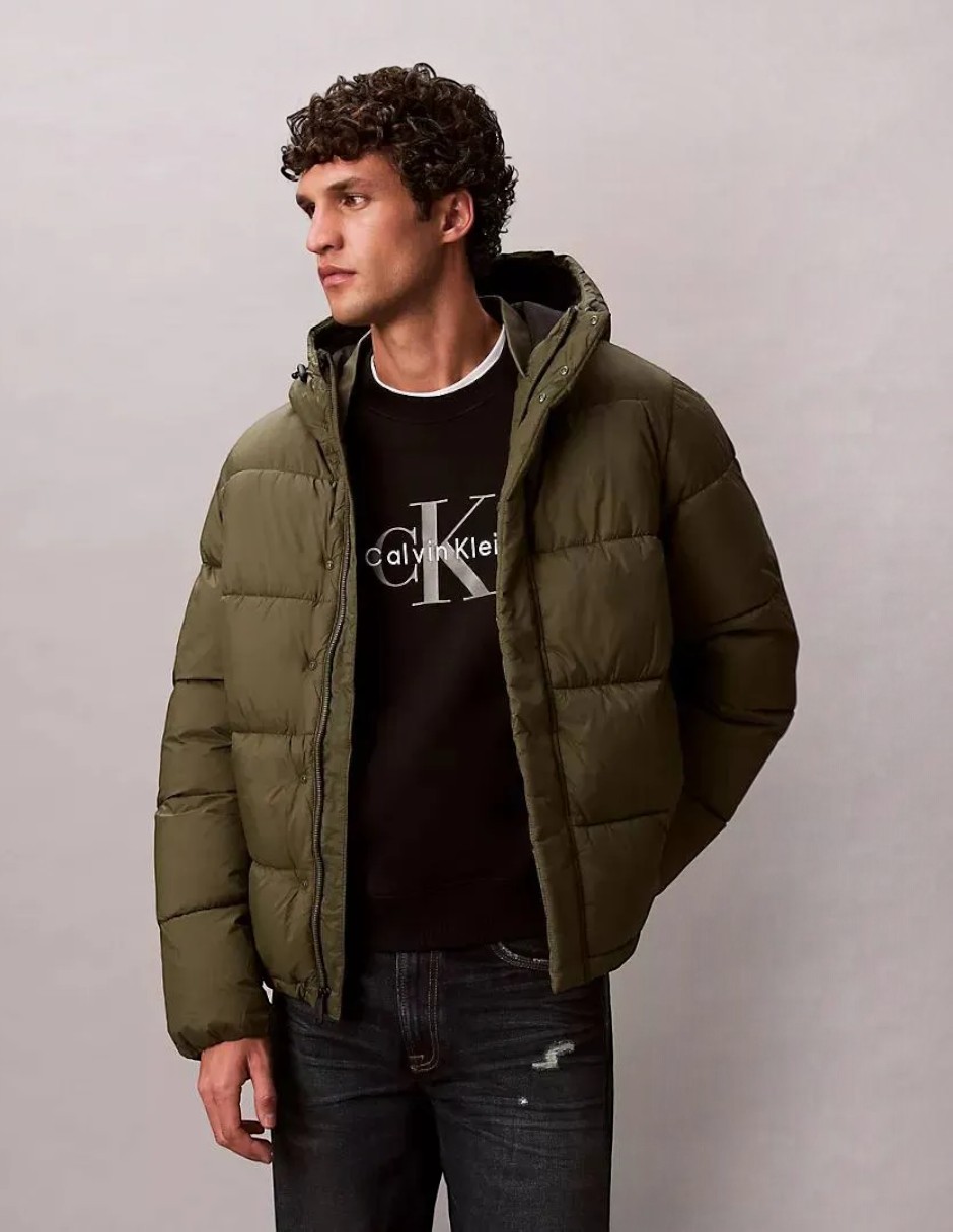 Chamarra acolchada puffer impermeable con capucha y bolsa para hombre
