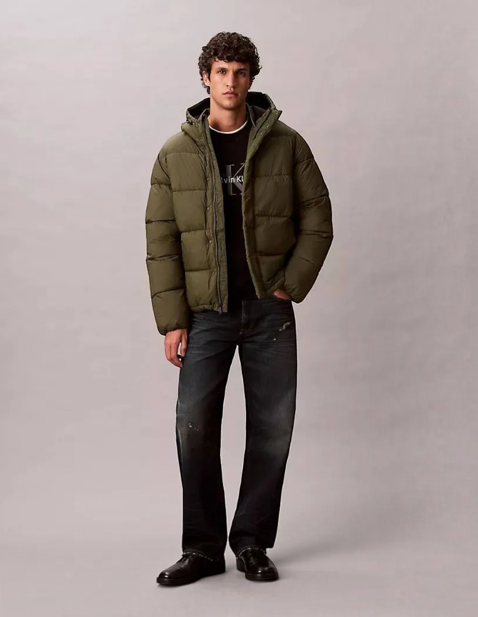 Chamarra acolchada puffer impermeable con capucha y bolsa para hombre